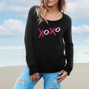Wooden Ships Pullover Sweater Open Knit Graphic Crew Neck XOXO Black Pink M/L